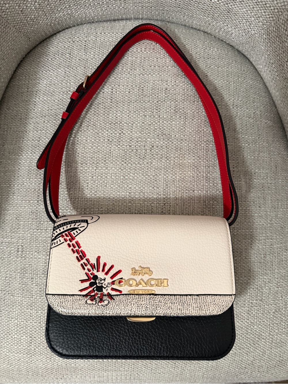 Coach Mickey Mouse Leather Crossbody Bag with Red Strap